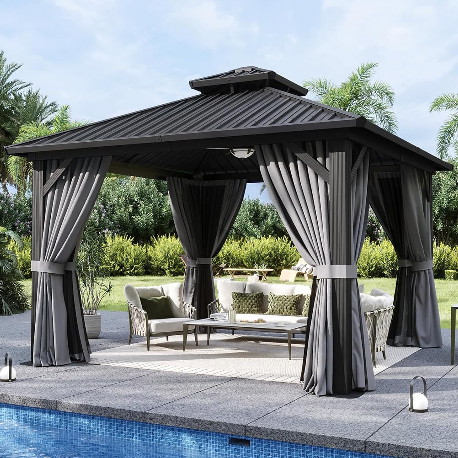 Aoxun 10x12 Gazebo Hardtop Gazebo with Double Galvanized Steel Roof Outdoor Pavilion with Breathable Netting and Privacy Curtain for Backyard (Gray)