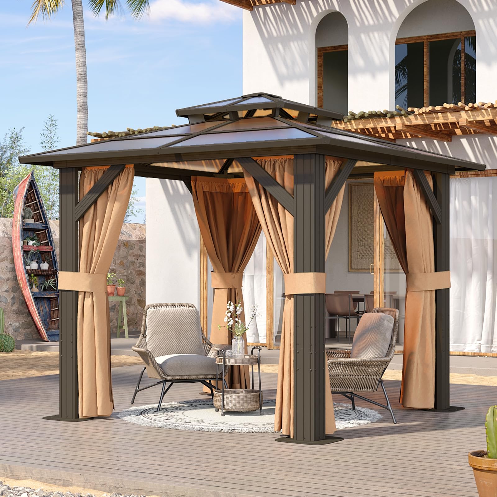 Aoxun 12'x10' Hardtop Gazebo, Aluminum Frame Permanent Pavilion with Curtains and Netting, Outdoor Polycarbonate Double Roof Canopy, Designed for Garden, Lawns, Patio, Brown