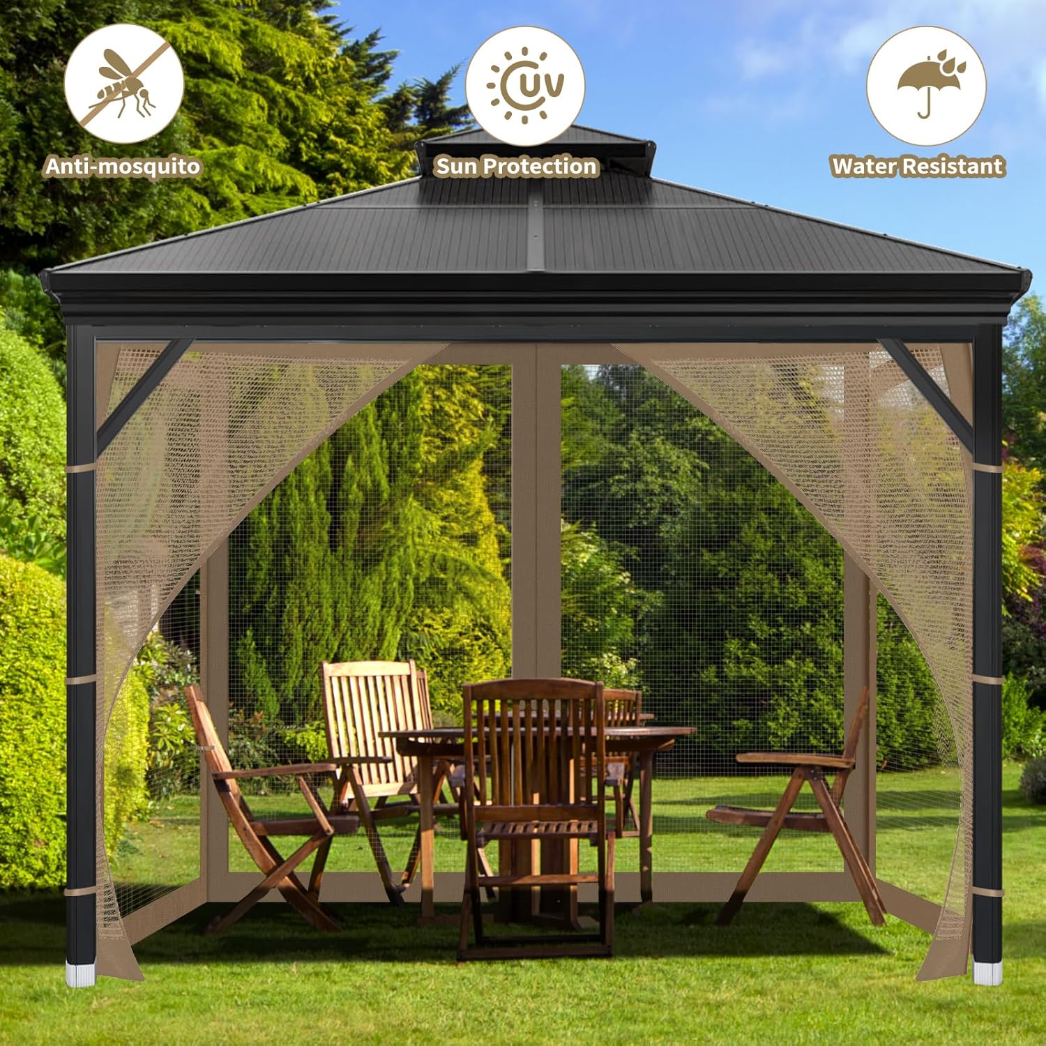 Gazebo Universal Replacement Mosquito Netting, 10'x10' Gazebo Netting Outdoor, 4-Panel Screen Walls for Outdoor Patio with Zipper (Mosquito Net Only) (Brown)