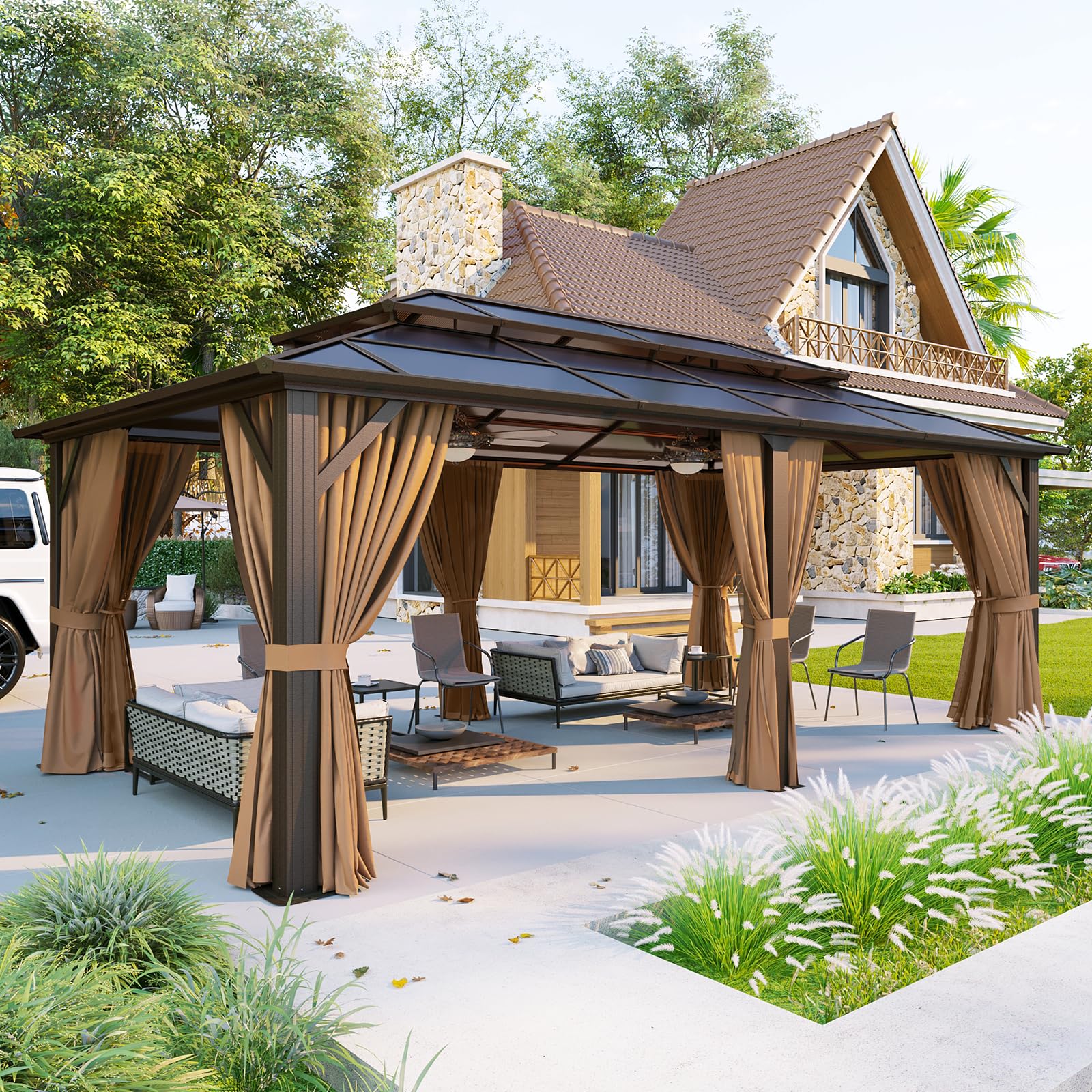 Aoxun 12'x10' Hardtop Gazebo, Aluminum Frame Permanent Pavilion with Curtains and Netting, Outdoor Polycarbonate Double Roof Canopy, Designed for Garden, Lawns, Patio, Brown