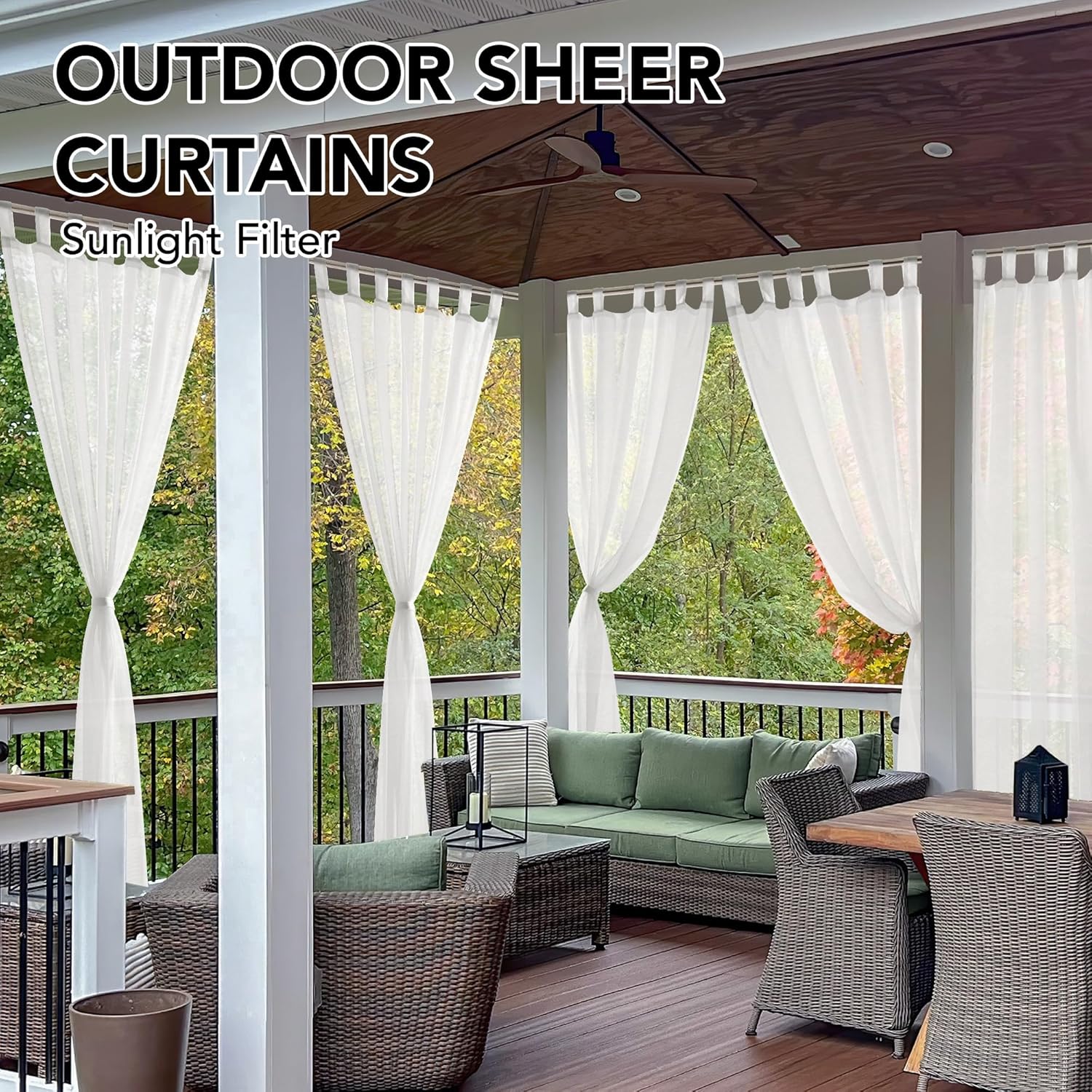 Deconovo Outdoor Sheer Curtains for Patio, Waterproof Voile Curtain Panels, Light Filtering Privacy Drapes for Pergola Gazebo Porch, Indoor Outdoor Use, Back Tab（White, 54x120 Inch, 2 Panels)