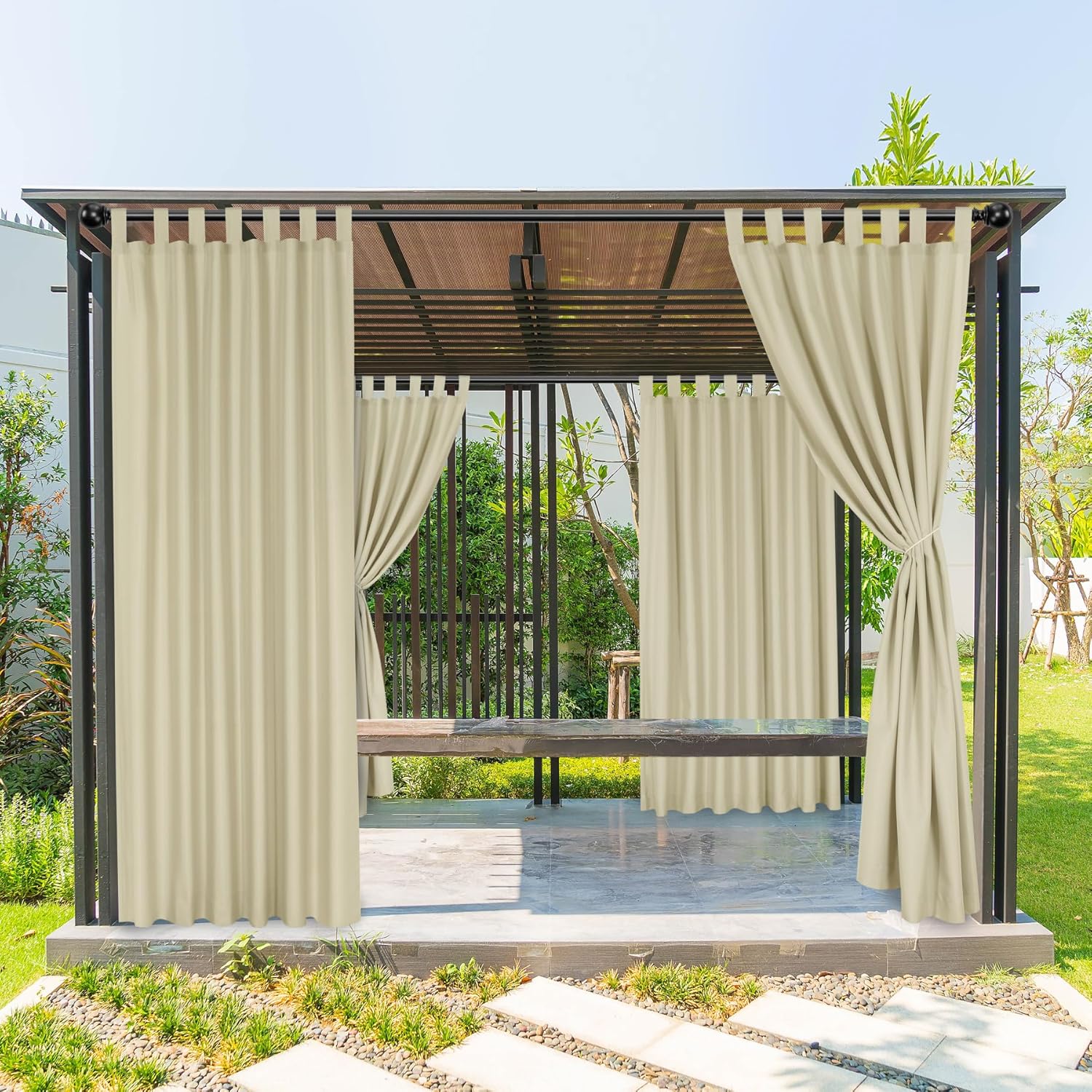 BONZER Outdoor Curtains for Patio Waterproof, Tab Top Weatherproof Outside Curtains for Porch, Pergola, Gazebo, Cabana, Pavilion, 1 Panel, 52x84 Inch, Beige