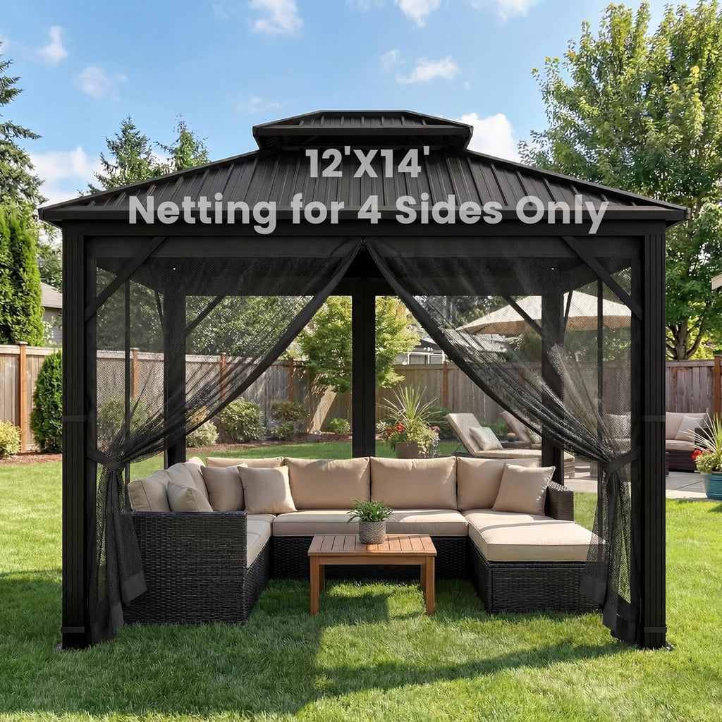 Gazebo Universal Replacement Mosquito Netting, Upgrade 12' x 14' Outdoor Canopy Net Screen 4-Panel Sidewall Curtain, with Zippers, Easy to Install, Fit for Most Gazebo 12x14 Canopy, Black