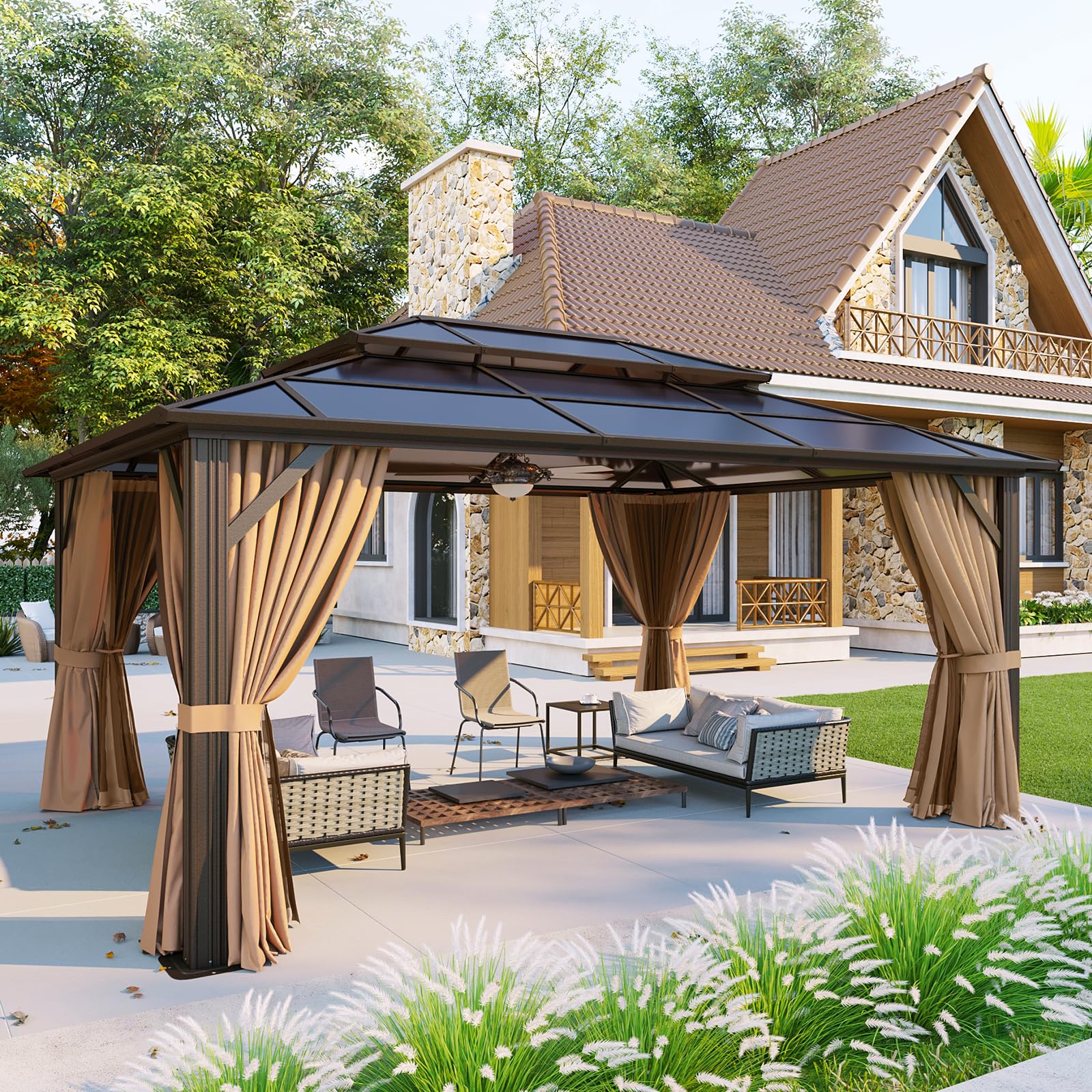 Aoxun 12'x10' Hardtop Gazebo, Aluminum Frame Permanent Pavilion with Curtains and Netting, Outdoor Polycarbonate Double Roof Canopy, Designed for Garden, Lawns, Patio, Brown