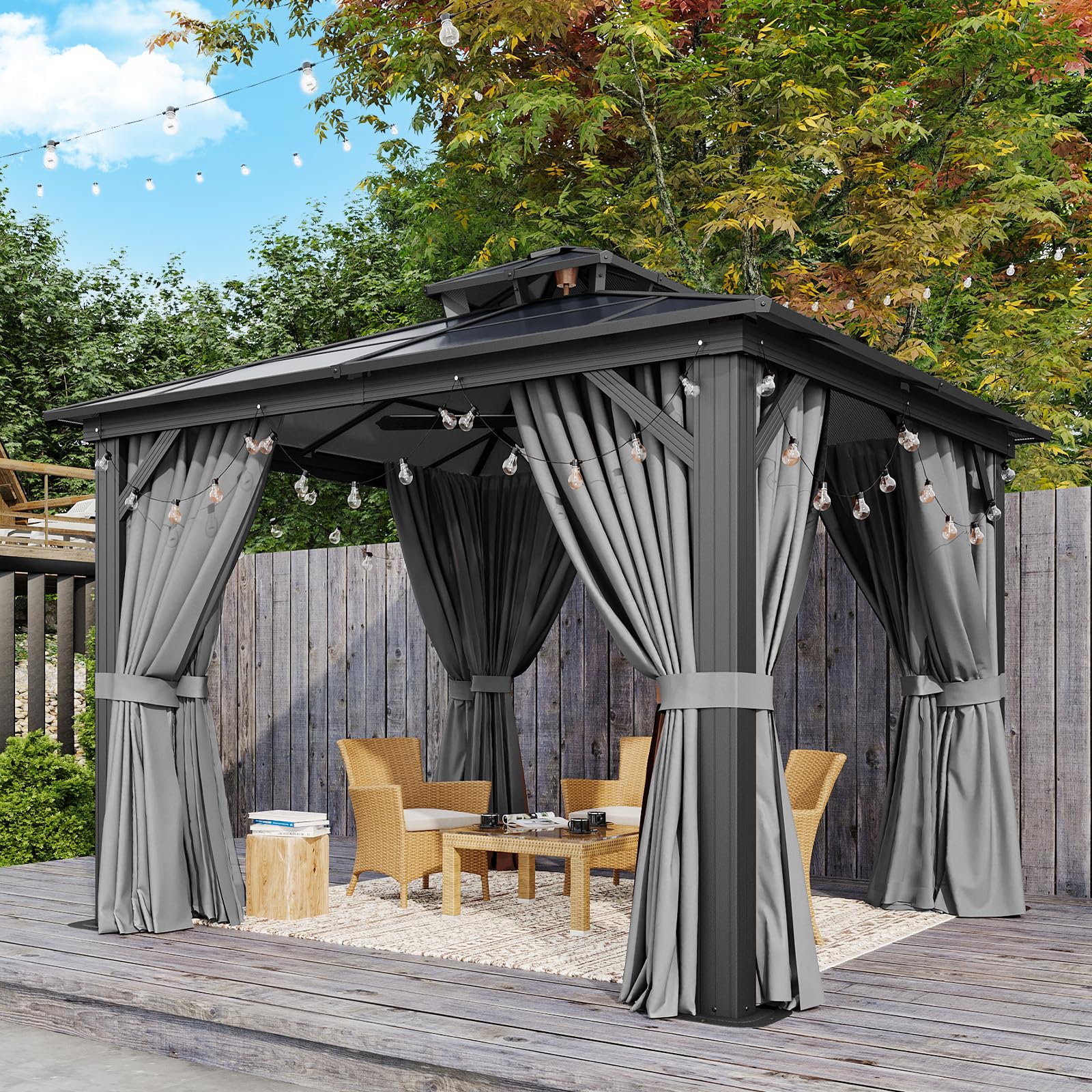 Aoxun 12'x10' Hardtop Gazebo, Aluminum Frame Permanent Pavilion with Curtains and Netting, Outdoor Polycarbonate Double Roof Canopy, Designed for Garden, Lawns, Patio, Brown