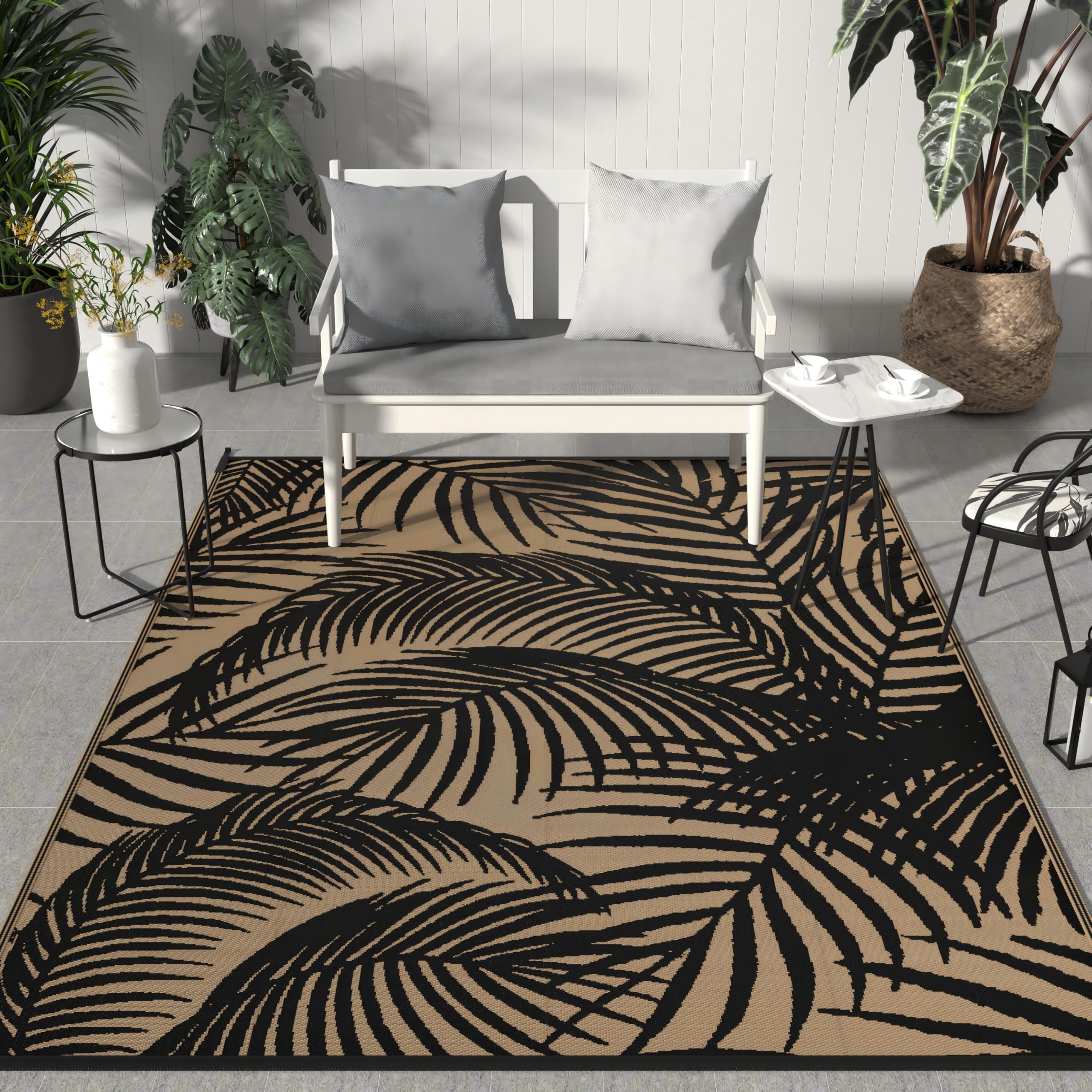 GENIMO Outdoor Rug 5' x 8' Waterproof for Patios Clearance, Reversible Plastic Straw Camping Carpet, Large Area Rugs Mats for RV, Picnic, Backyard, Deck, Balcony, Porch, Beach, Grey&White