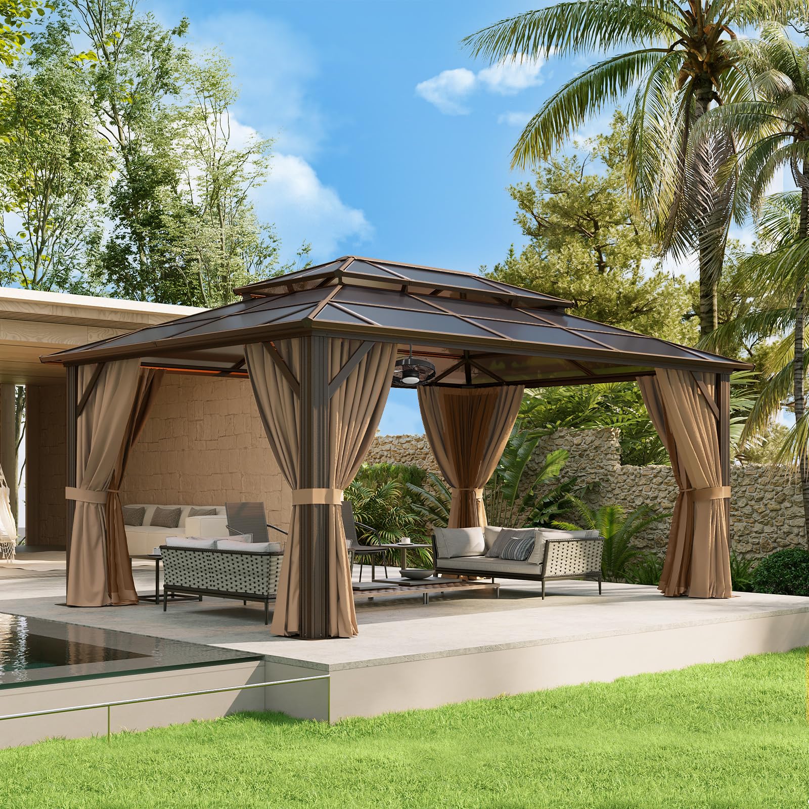 Aoxun 12'x10' Hardtop Gazebo, Aluminum Frame Permanent Pavilion with Curtains and Netting, Outdoor Polycarbonate Double Roof Canopy, Designed for Garden, Lawns, Patio, Brown