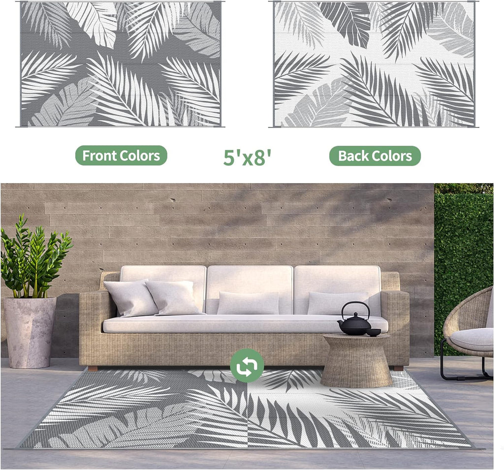 GENIMO Outdoor Rug 5' x 8' Waterproof for Patios Clearance, Reversible Plastic Straw Camping Carpet, Large Area Rugs Mats for RV, Picnic, Backyard, Deck, Balcony, Porch, Beach, Grey&White